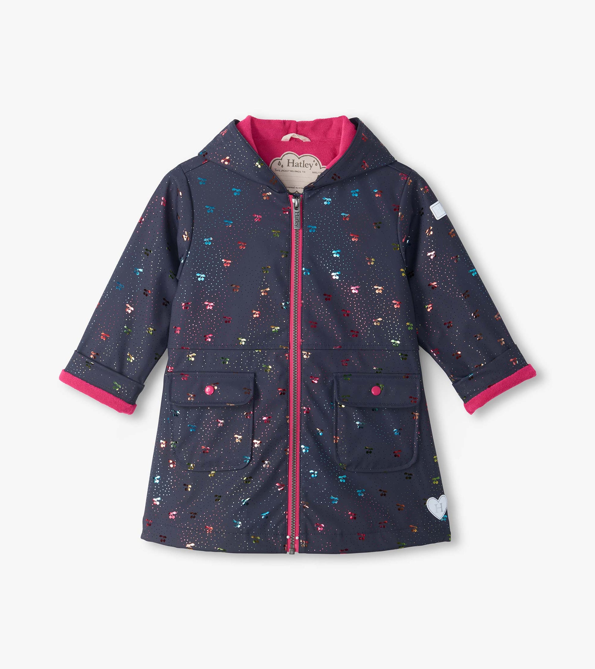 Front view of kids navy hooded rain coat with rainbow foil cherry print, pink lining, zip front, and flap pockets