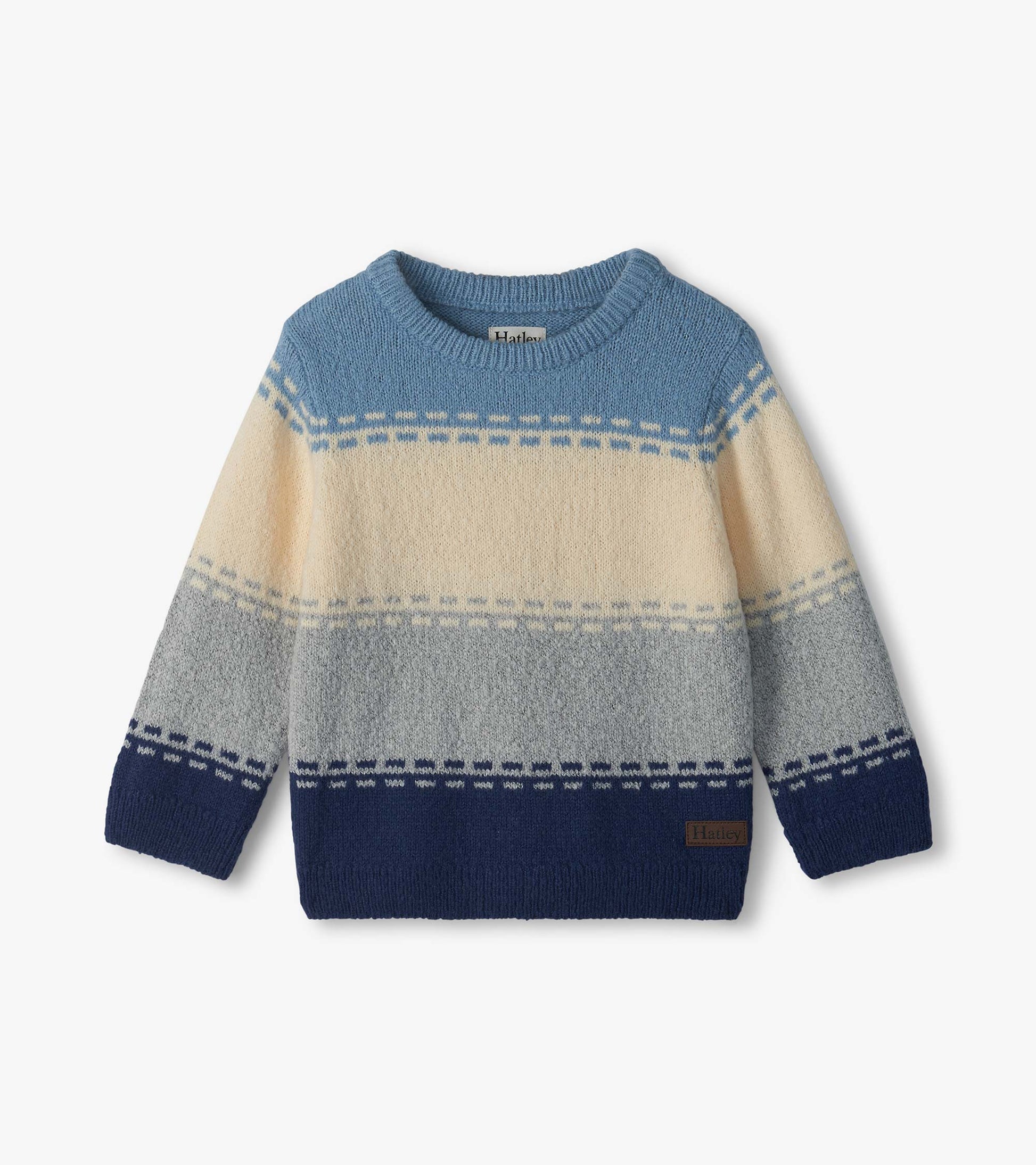 Infant crew neck sweater with blue, cream and gray colorblock stripes and ribbed cuffs and hem