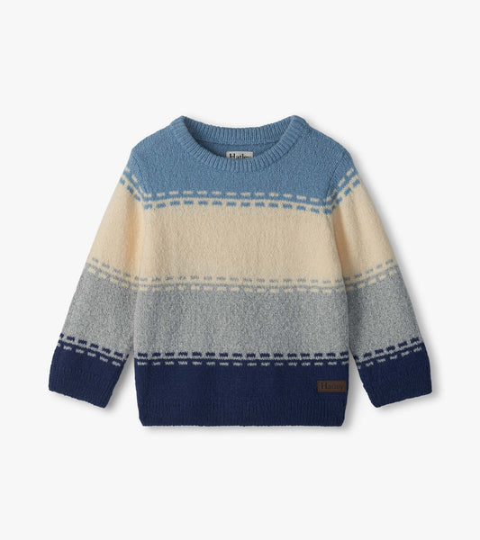 Infant crew neck sweater with blue, cream and gray colorblock stripes and ribbed cuffs and hem