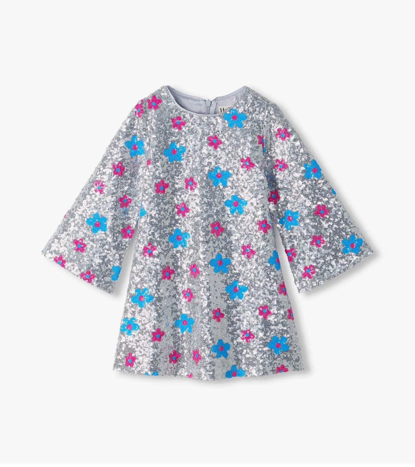 Silver sequin girls dress with pink and blue flower dots, long bell sleeves, and back zipper