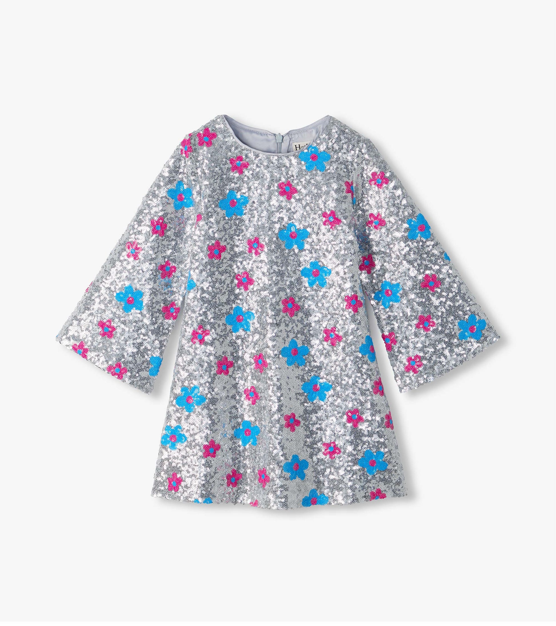 Silver sequin girls dress with pink and blue flower dots, long bell sleeves, and back zipper