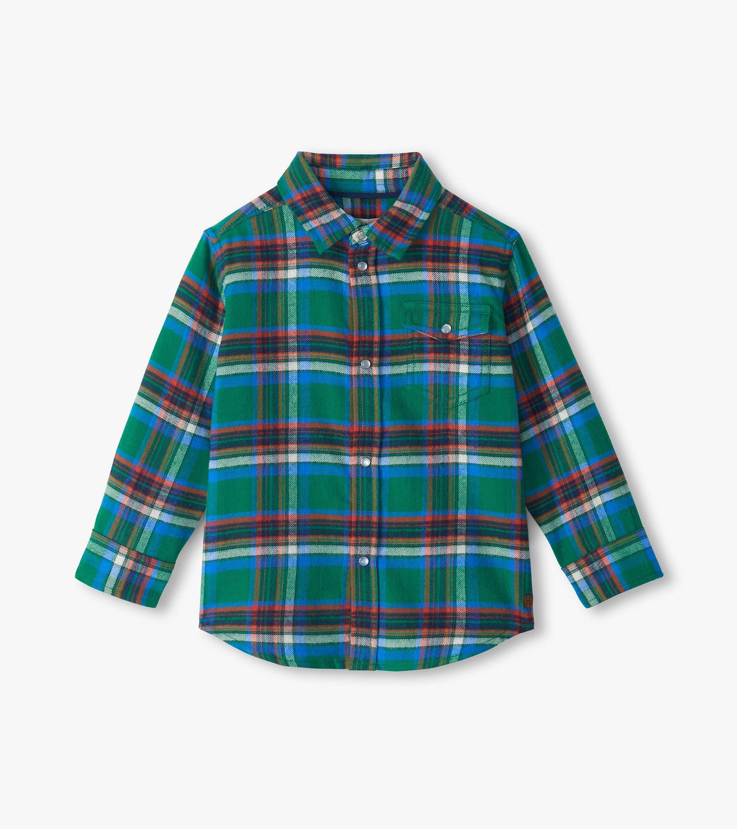 Kids button-down shirt in green, blue, red, and white plaid with long sleeves and chest pockets