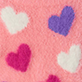 View Girls Jumbo Hearts Fuzzy Cardigan Pink swatch with fuzzy texture and scattered white, purple, and magenta hearts