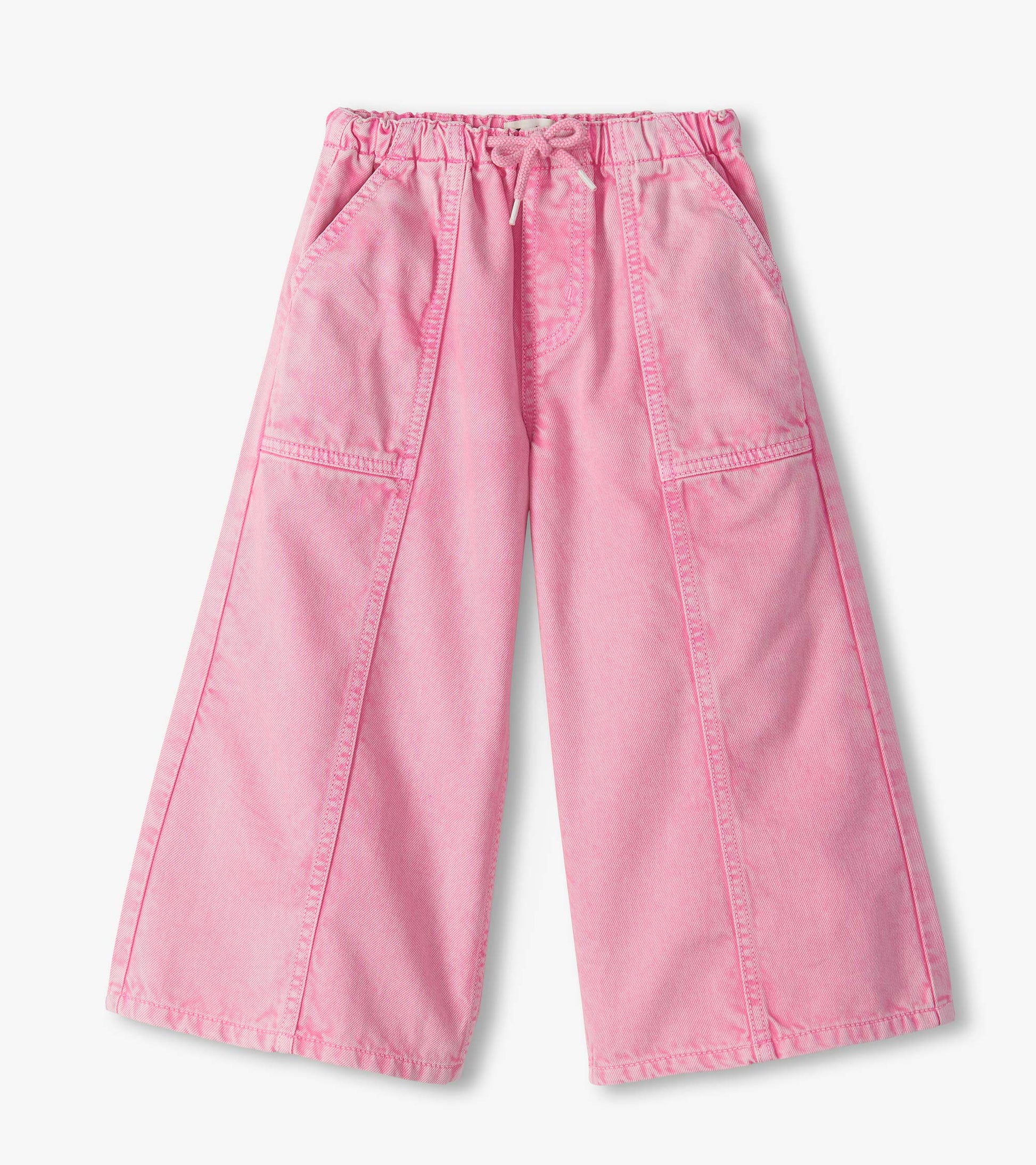 Front view of flamingo pink wide leg jeans with elastic drawstring waist and front patch pockets