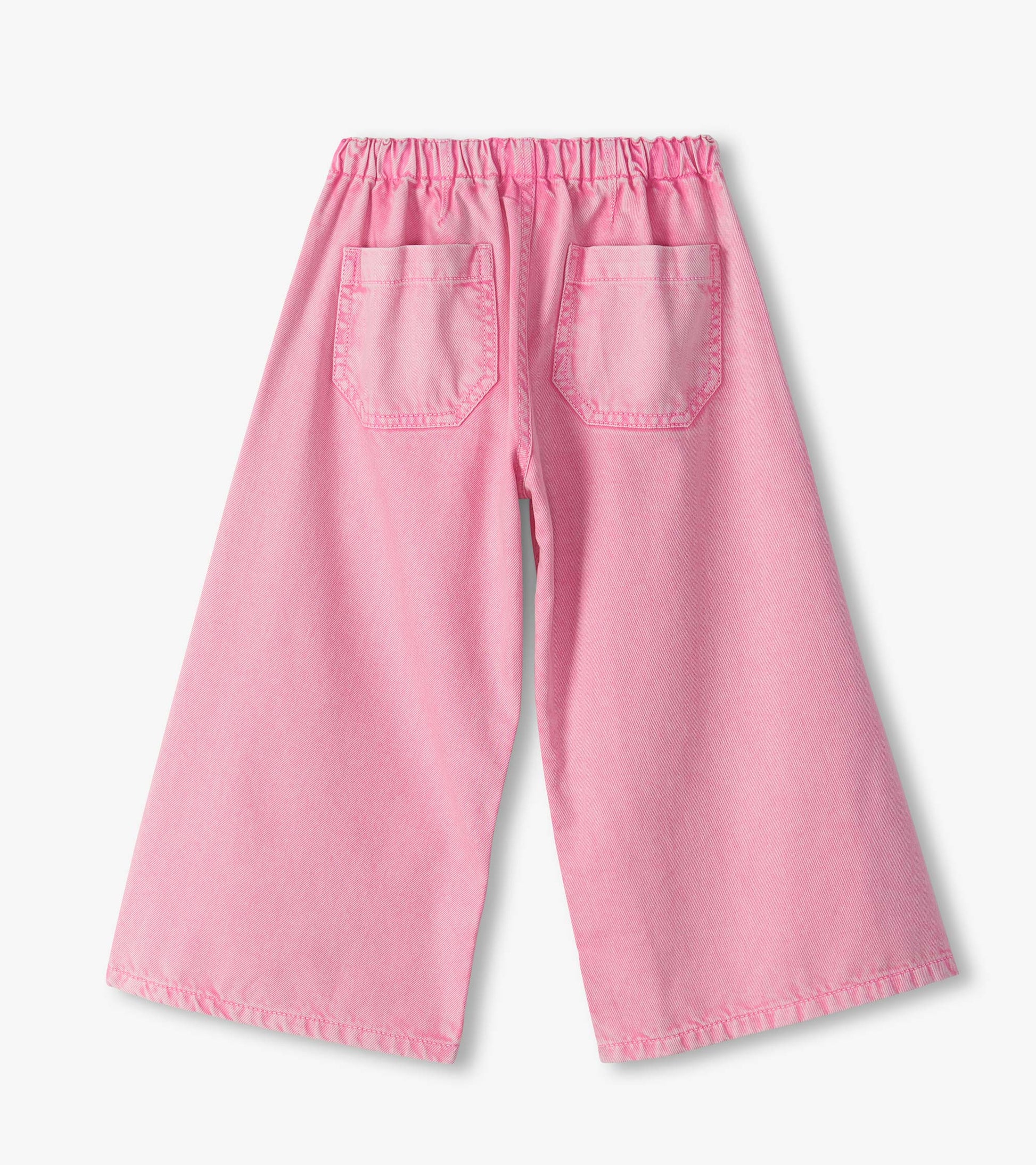 Back view of flamingo pink wide leg jeans with elastic waist and two back patch pockets