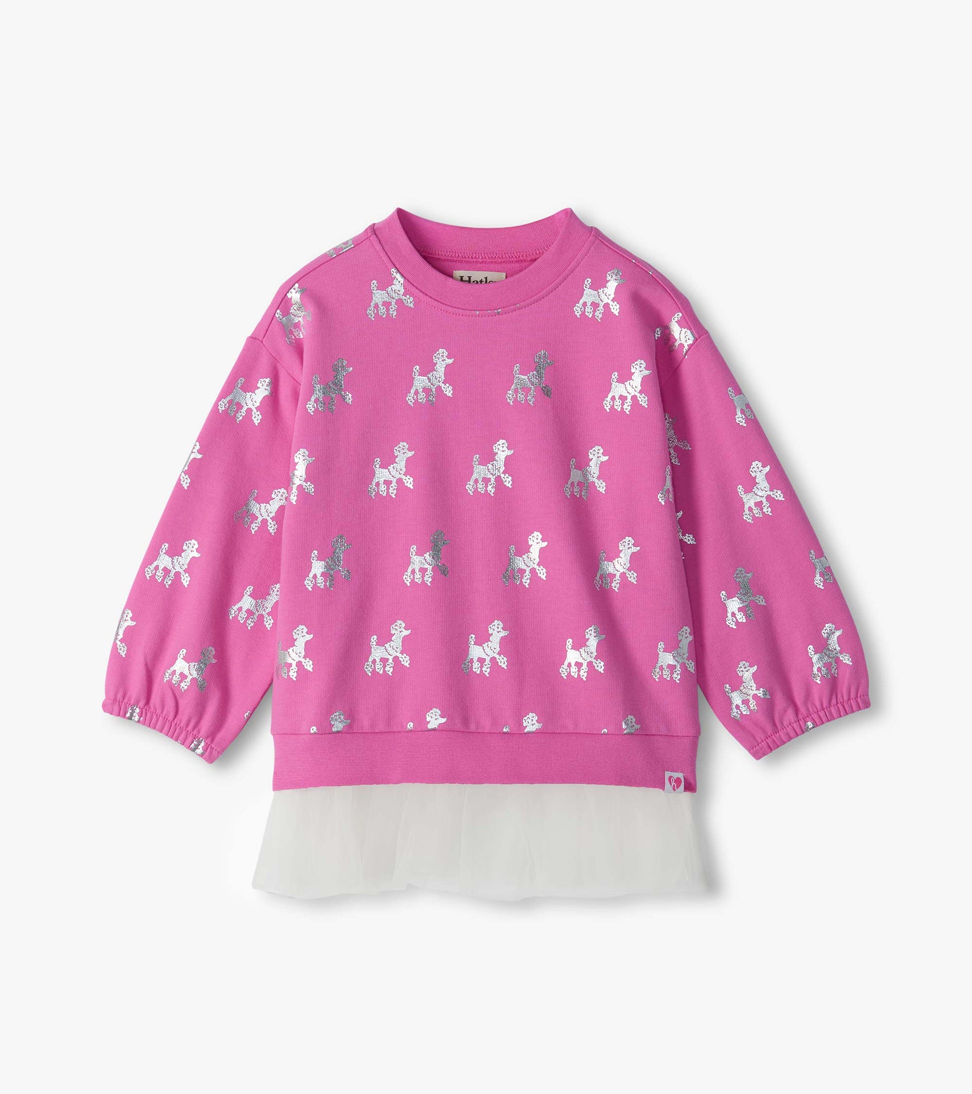 Infant pink long sleeve top with silver poodle print and attached white tulle hem