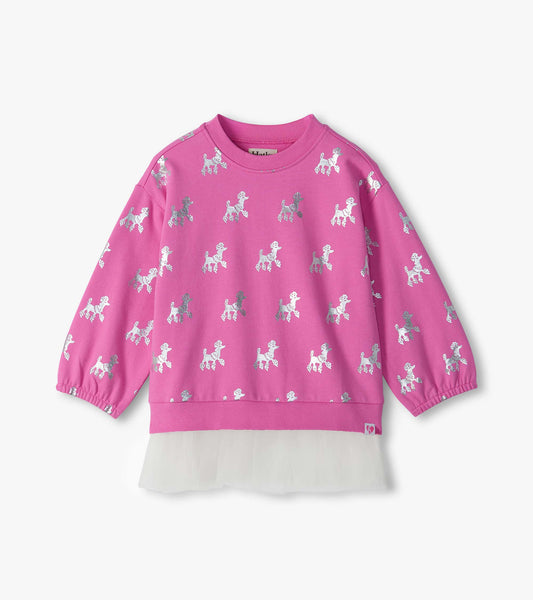 Infant pink long sleeve top with silver poodle print and attached white tulle hem
