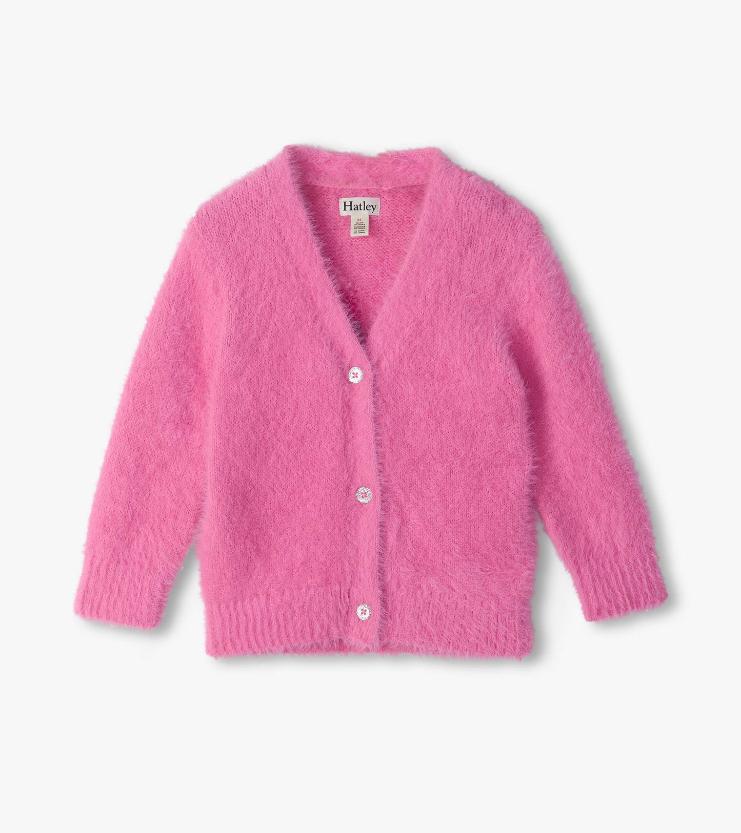 Front view of bright pink fuzzy cardigan with V-neck, ribbed trim, and floral-style buttons