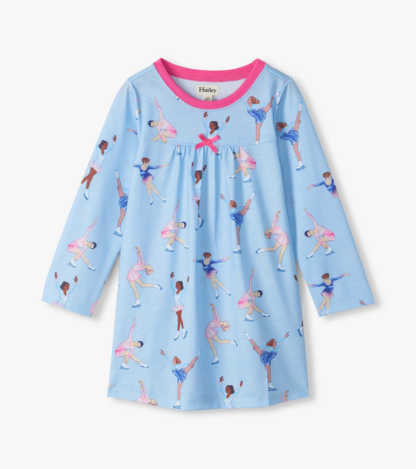 Kids long-sleeve blue nightdress with pink neckline, bow detail, and figure skater print
