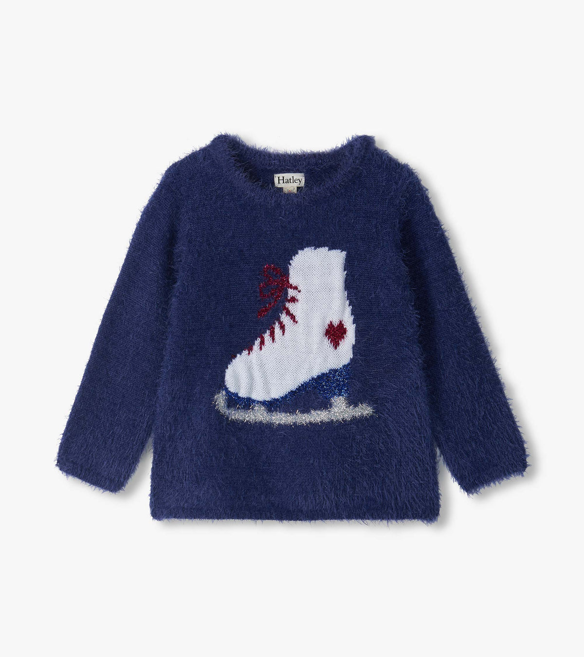 Navy fuzzy sweater with a large white figure skate graphic and long sleeves