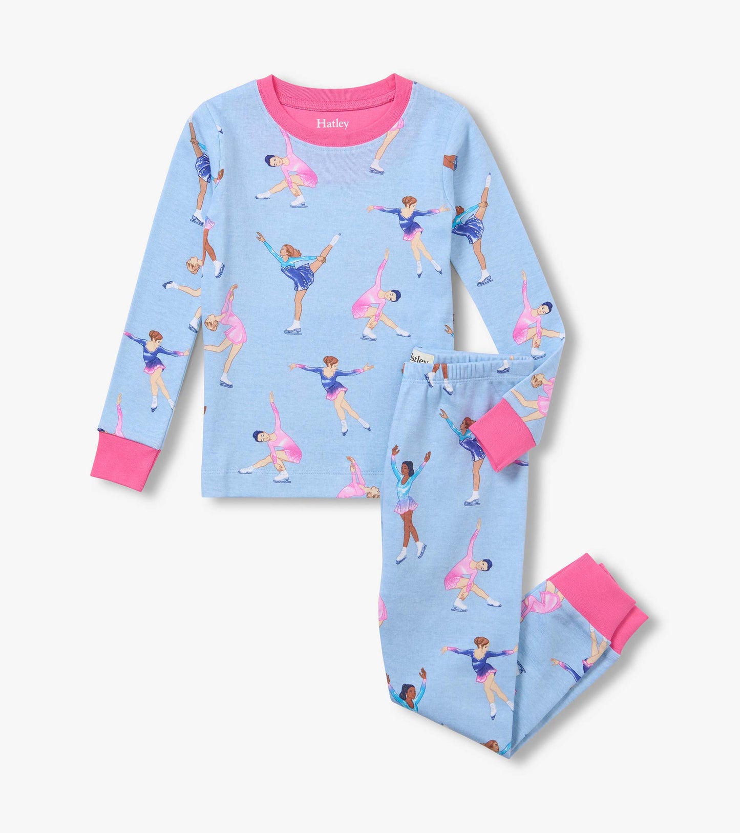Kids pajama set in light blue with figure skater print and bright pink neck, wrist, and ankle cuffs