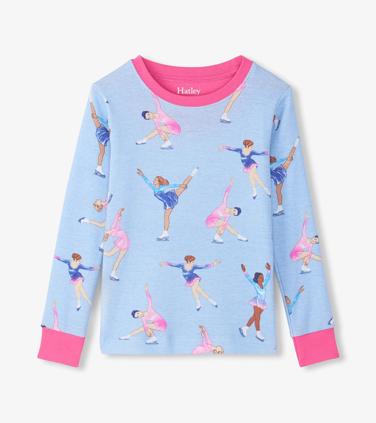 Light blue pajama top with figure skater print and bright pink neckline and cuffs