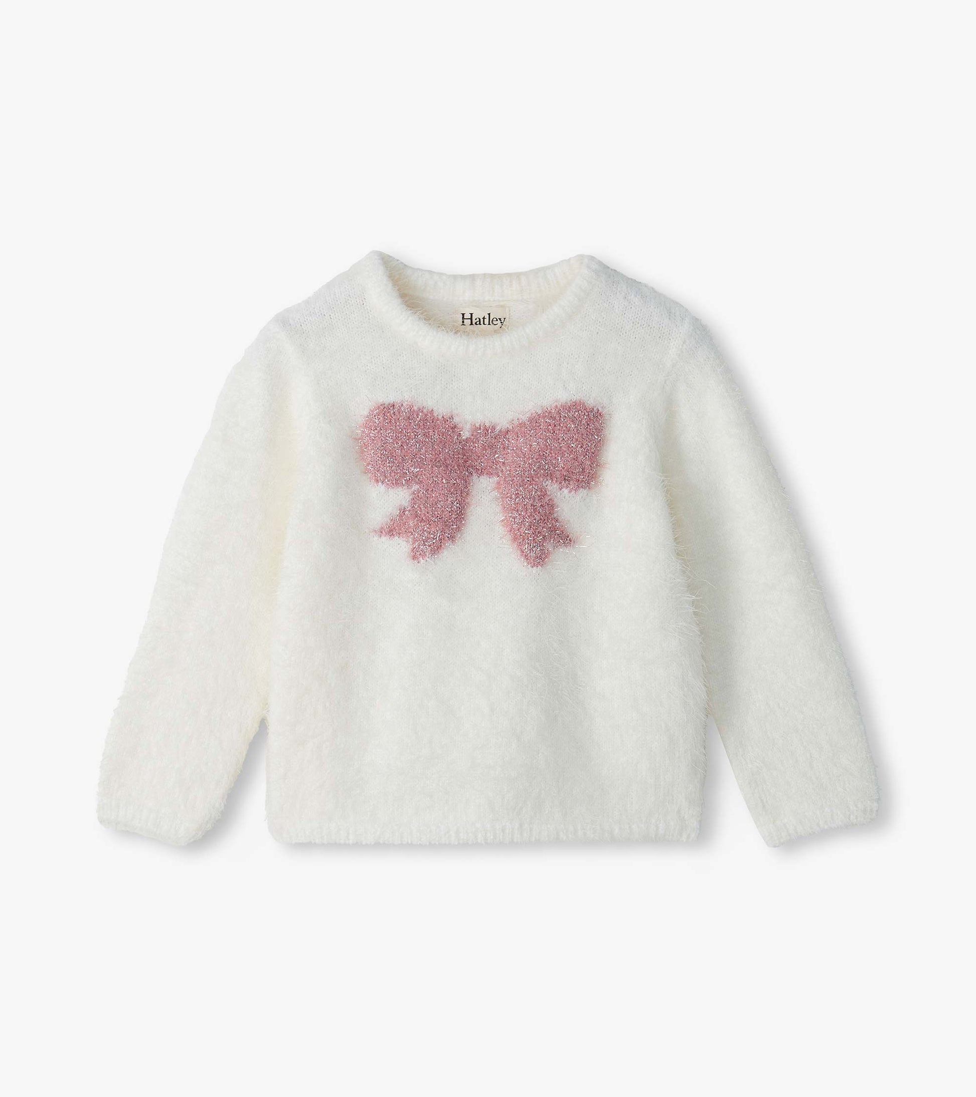 Infant fuzzy white sweater with long sleeves and a pink bow graphic on the front