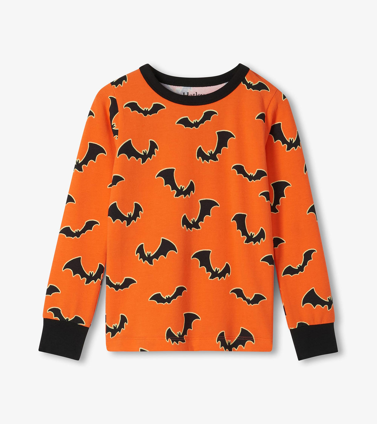 Orange long-sleeve pajama top with black bat print and black neck and wrist cuffs