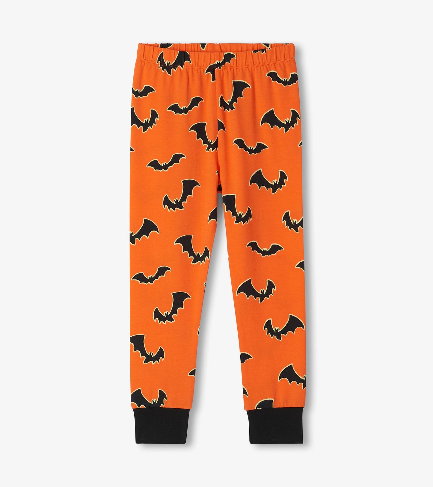 Orange kids pajama pants with black bat print, elastic waist, and black ankle cuffs