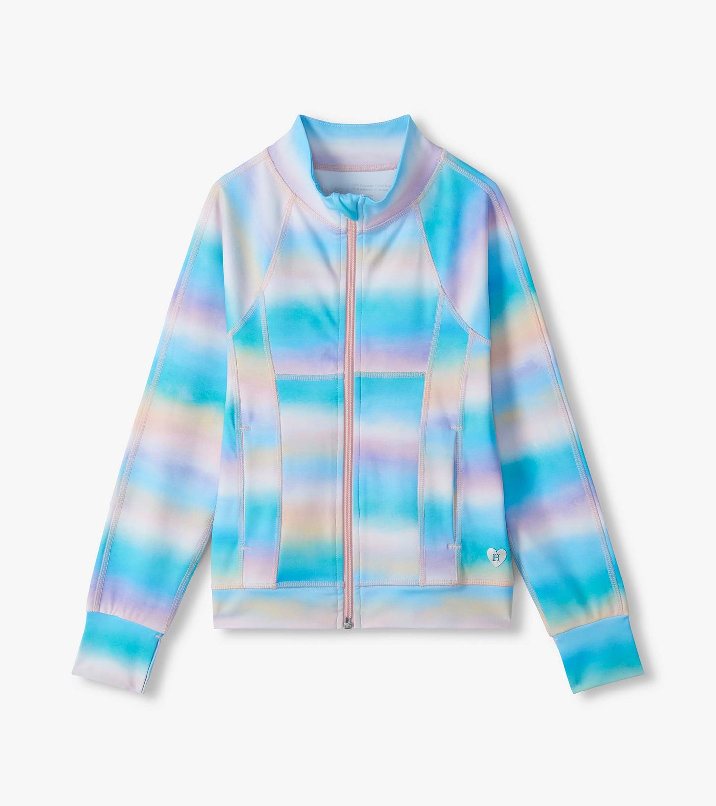 Gumdrop Active Jacket with pastel blue, pink, and purple stripes, front zip, stand collar, and long sleeves