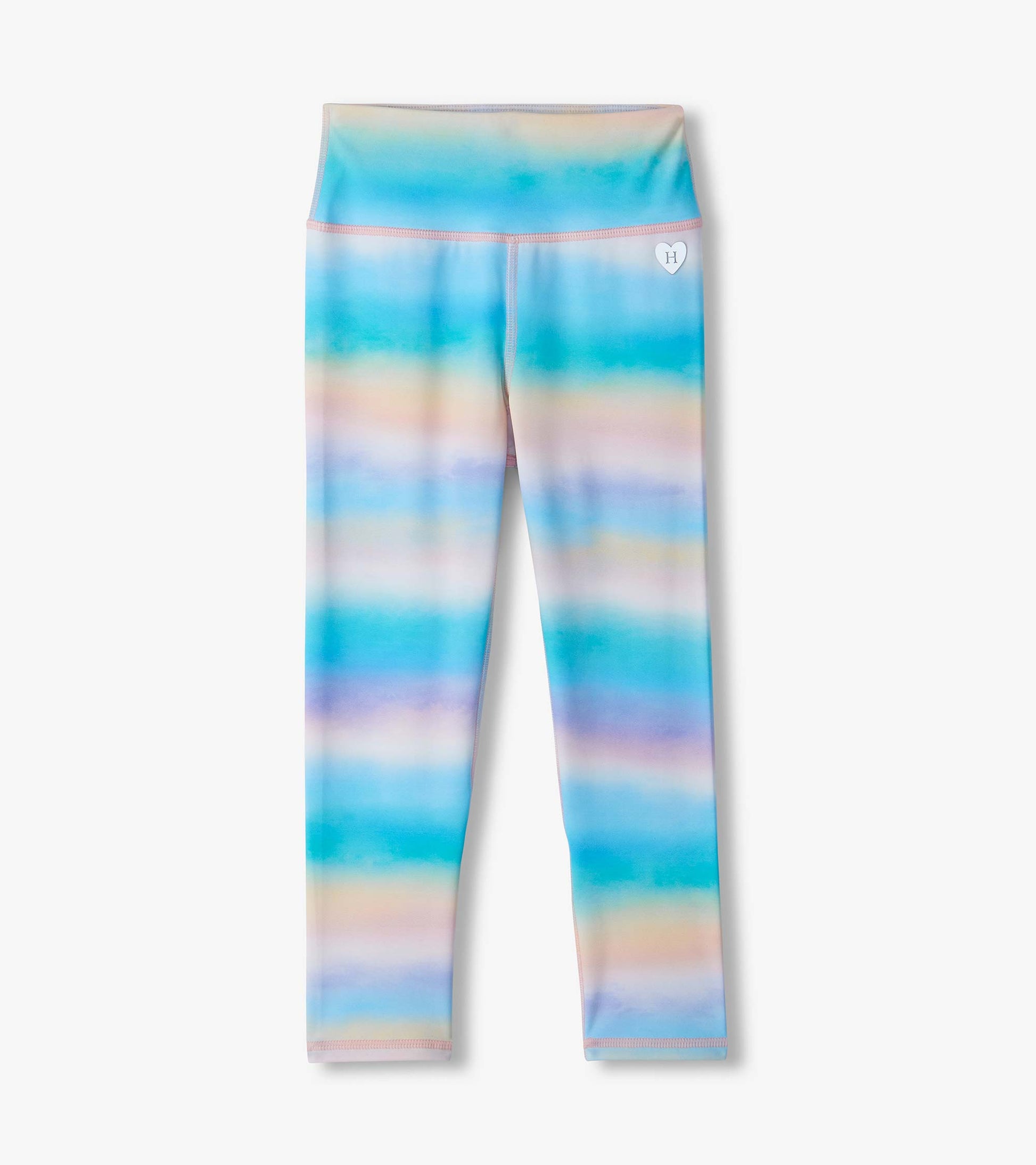Girls active leggings with pastel blue, pink, and purple striped print and a wide waistband