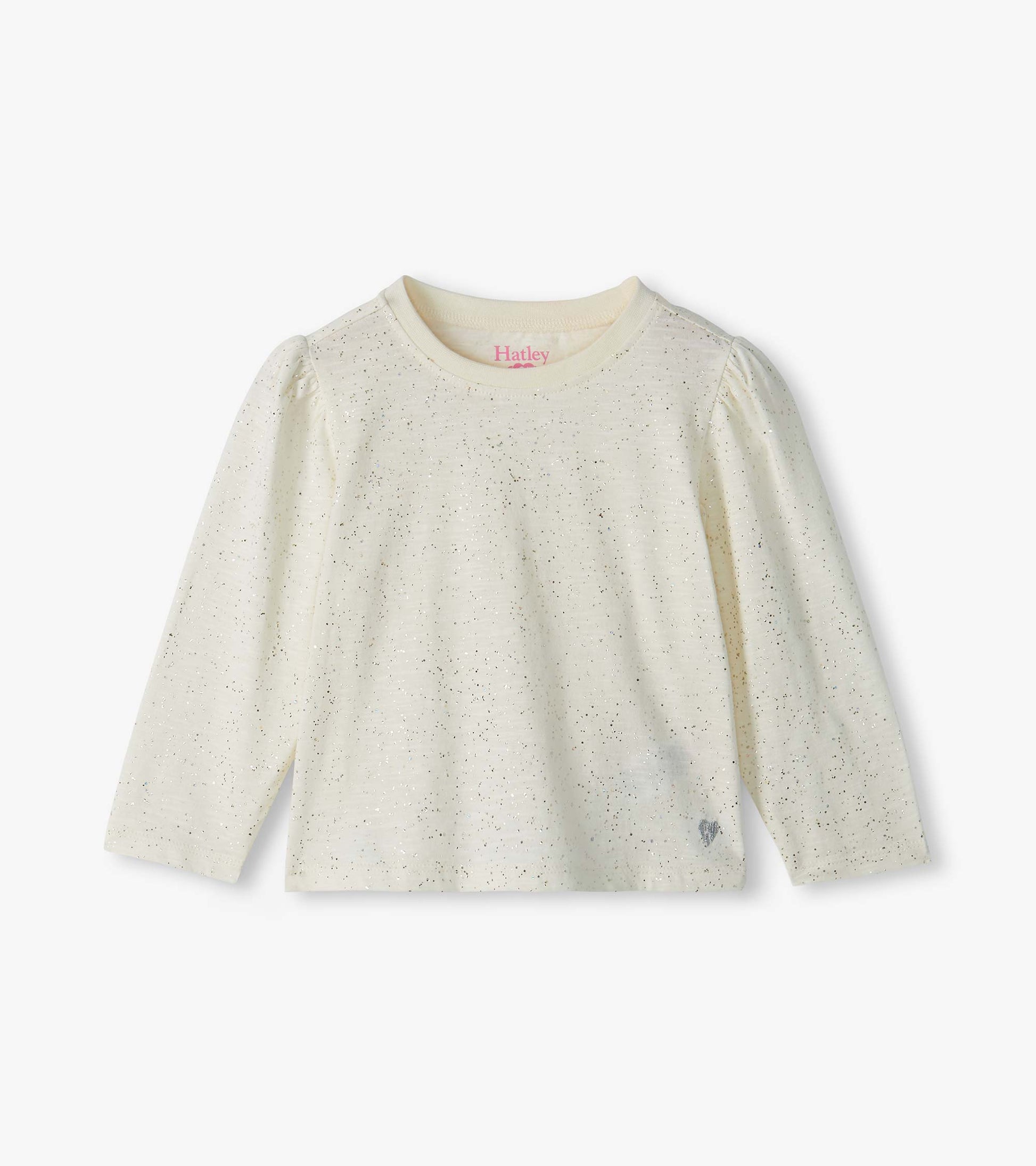 Front view of cream infant tee with silver speckles, puff shoulders, long sleeves, and small heart at hem
