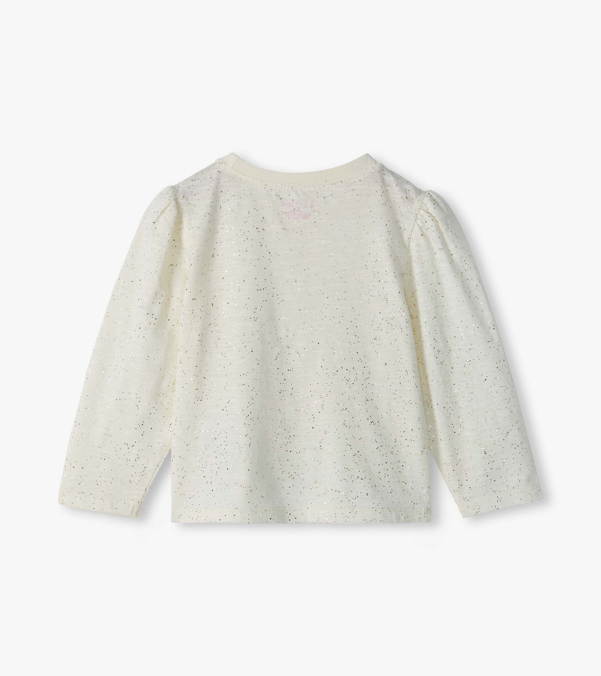 Back view of cream infant tee with silver speckles, puff shoulders, and long sleeves