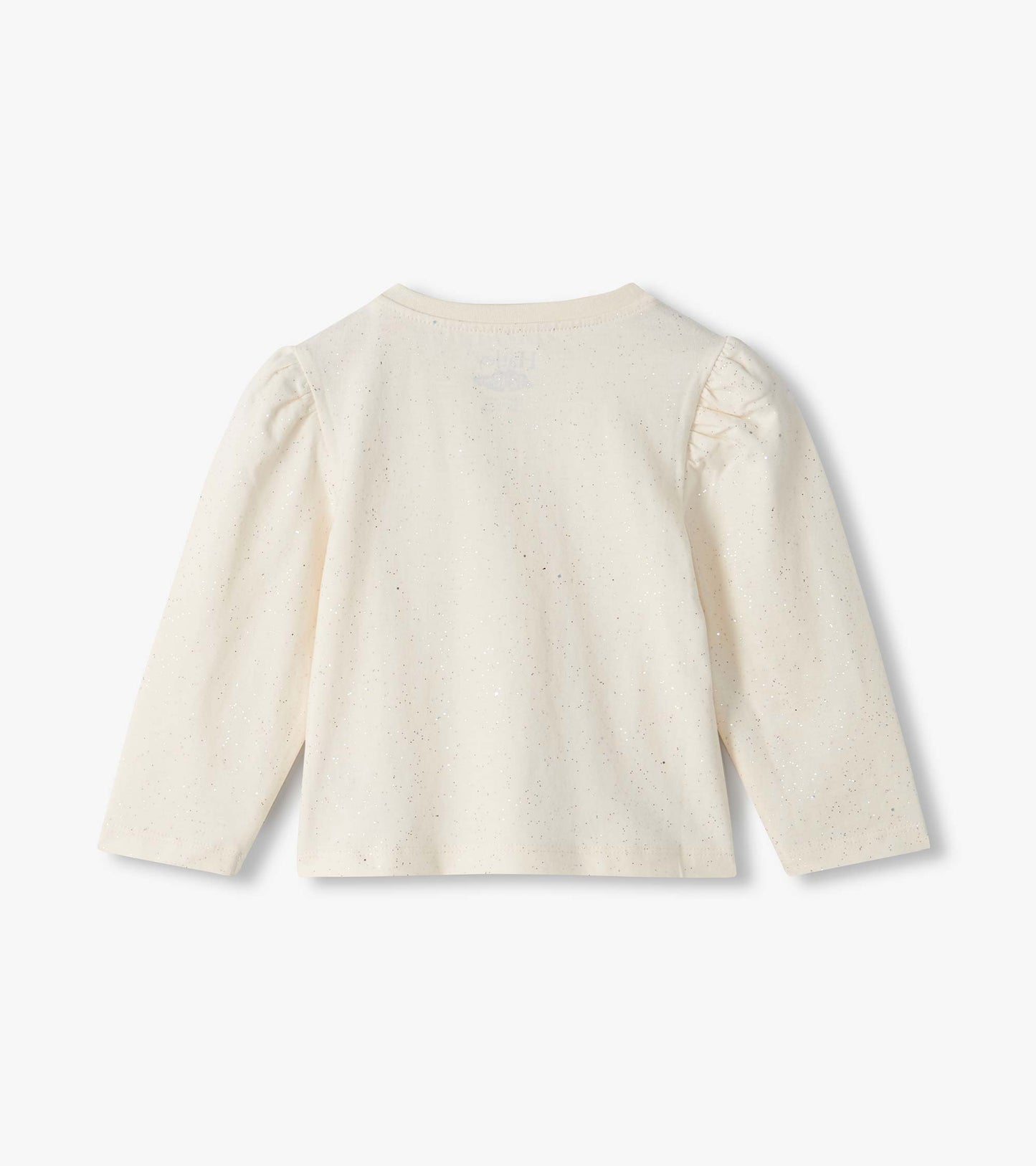 Back view of cream baby tee with silver speckles, puff sleeves, and long sleeves