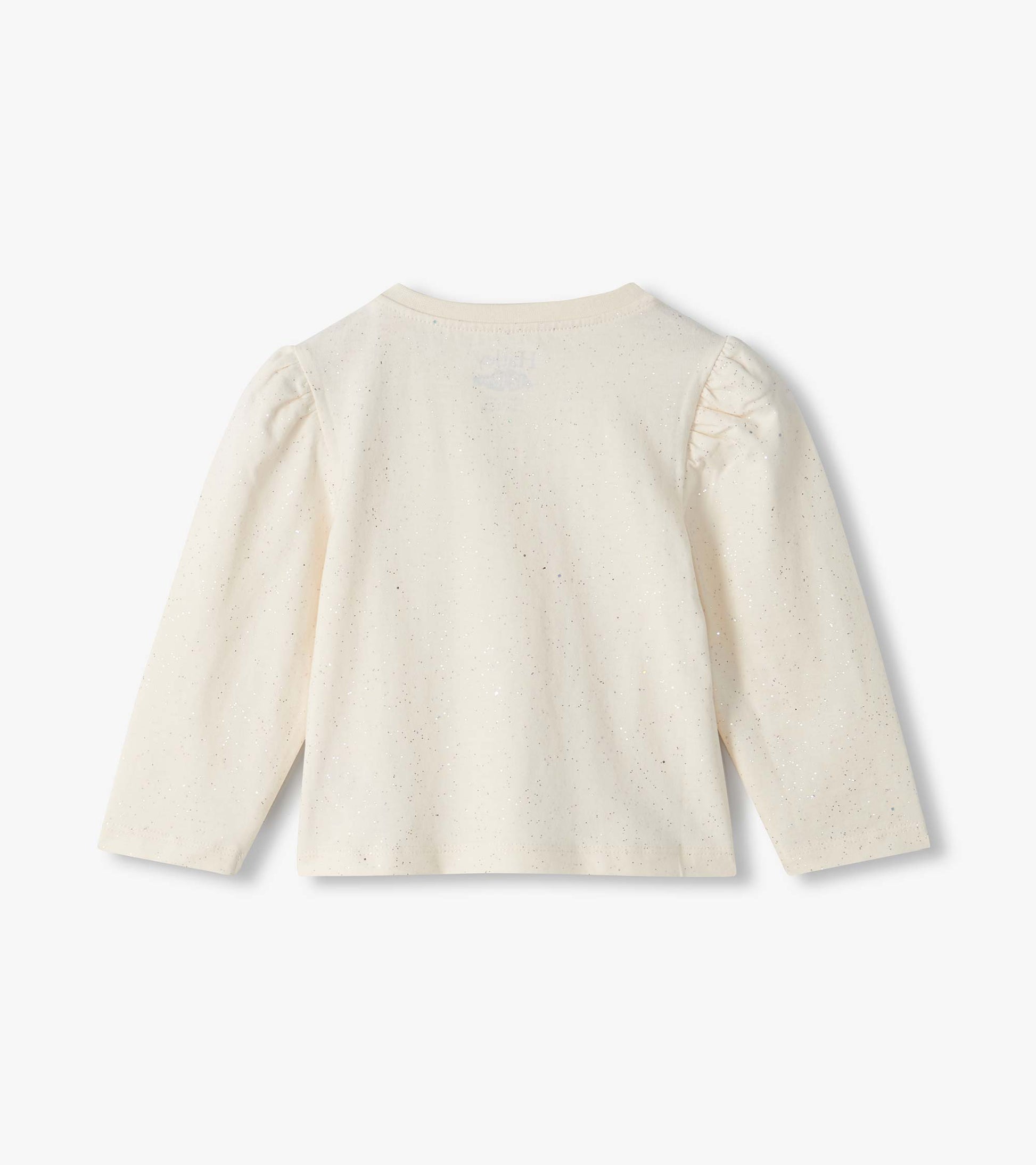 Back view of cream baby tee with silver speckles, puff sleeves, and long sleeves