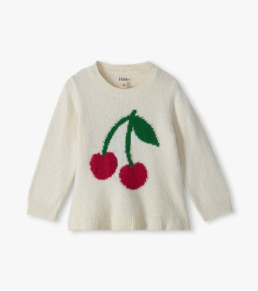 Cream kids sweater with a large red cherry graphic, long sleeves, and ribbed crew neck, cuffs, and hem