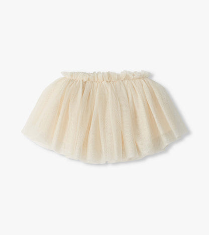 Close-up of the Gardenia Puffy Tutu in cream with glitter tulle and a ruffled elastic waistband