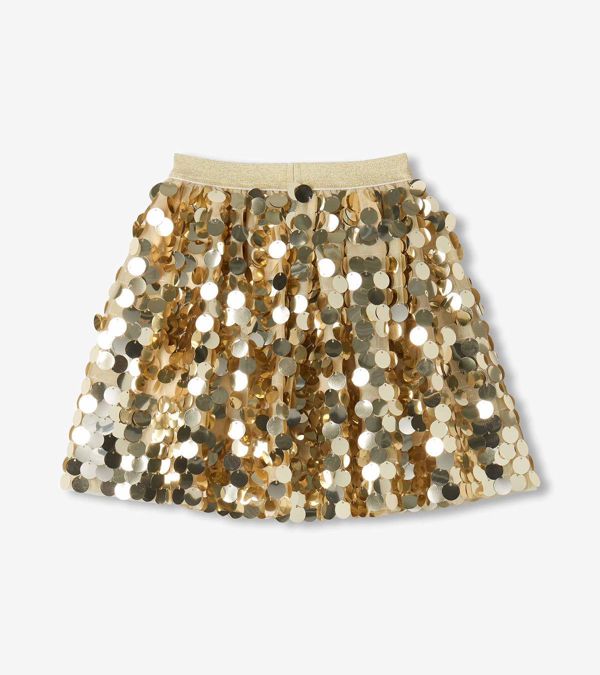 Front view of girls gold sequin skirt with glitter waistband and full shape
