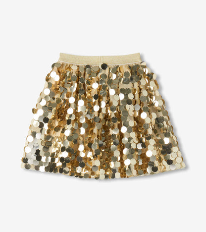 Front view of girls gold sequin skirt with glitter waistband and full shape