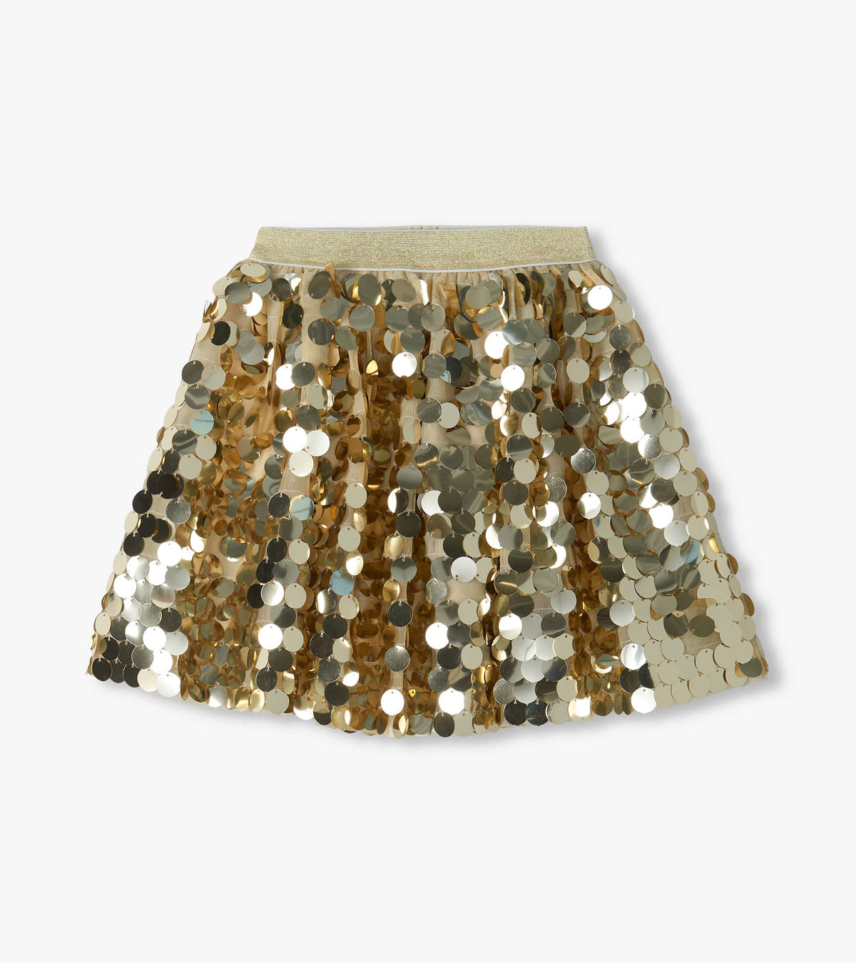 Girls gold sequin skirt with a glitter elastic waistband and flared silhouette