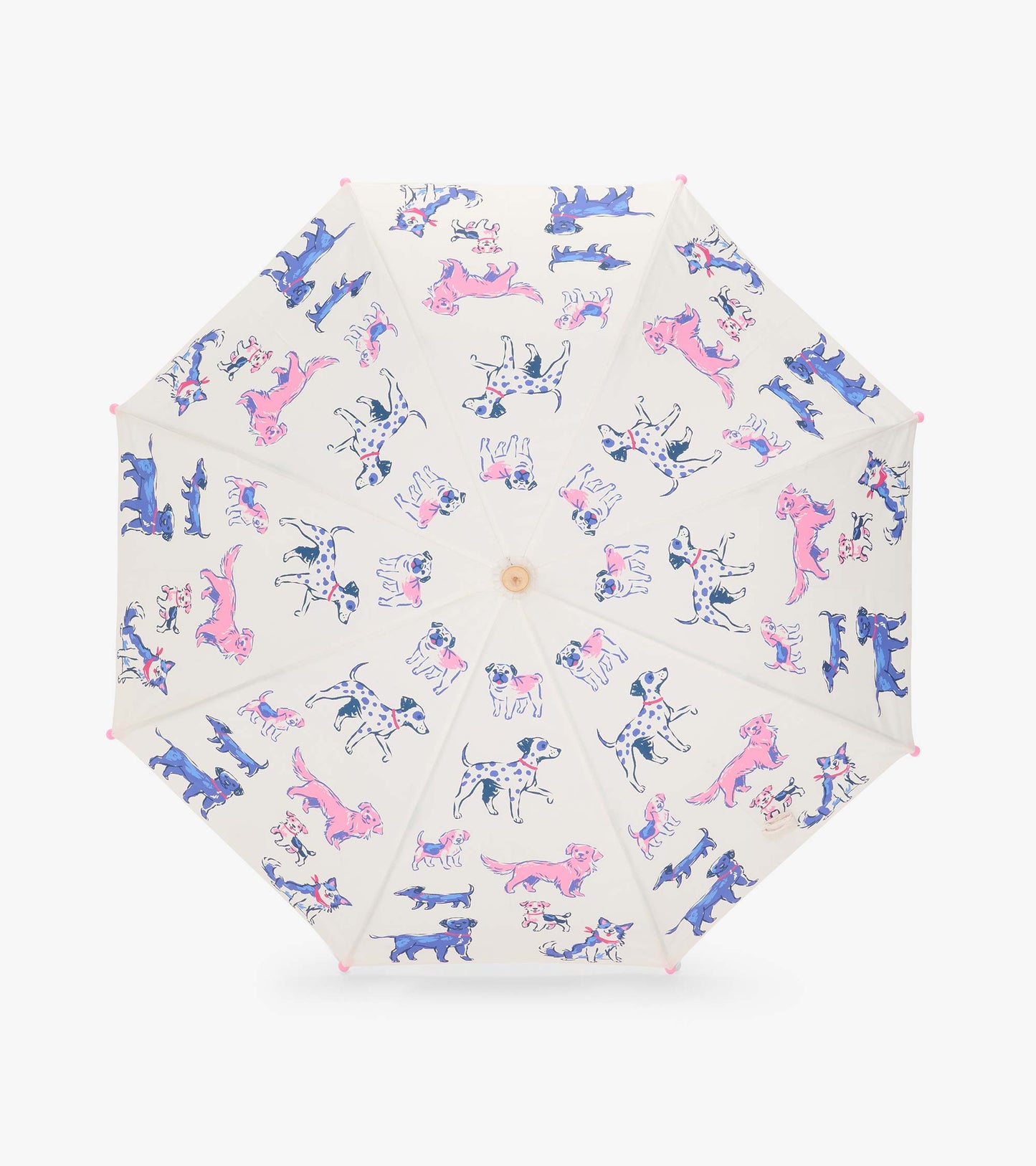Top view of clear umbrella opened flat with pink, blue, and black dog illustrations