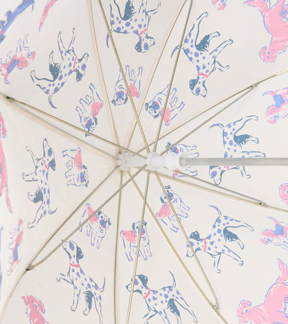 Interior view of clear umbrella showing metal ribs and colorful dog print