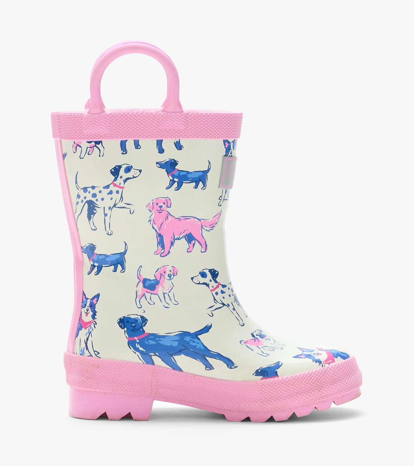 Single cream rain boot with pink handle and trim, featuring pink and blue dog illustrations