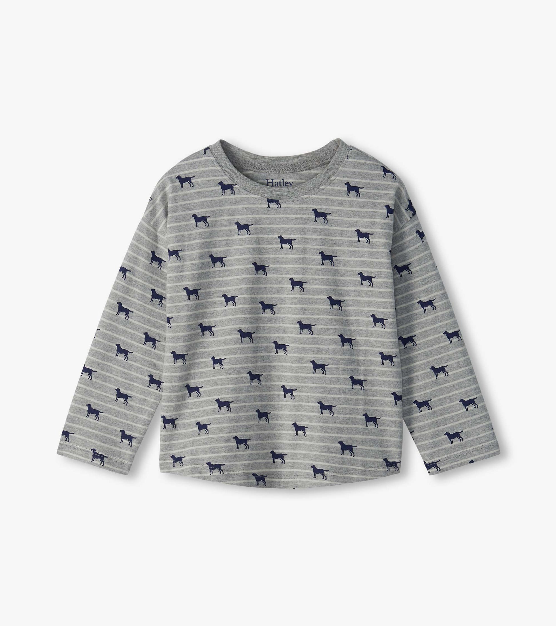 Infant long-sleeve gray striped tee with navy dog print and drop shoulders