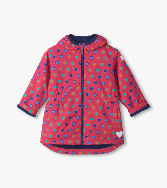 Front view of pink Heart Bunches field jacket with hood, zip front, elastic waist, and multicolor heart print