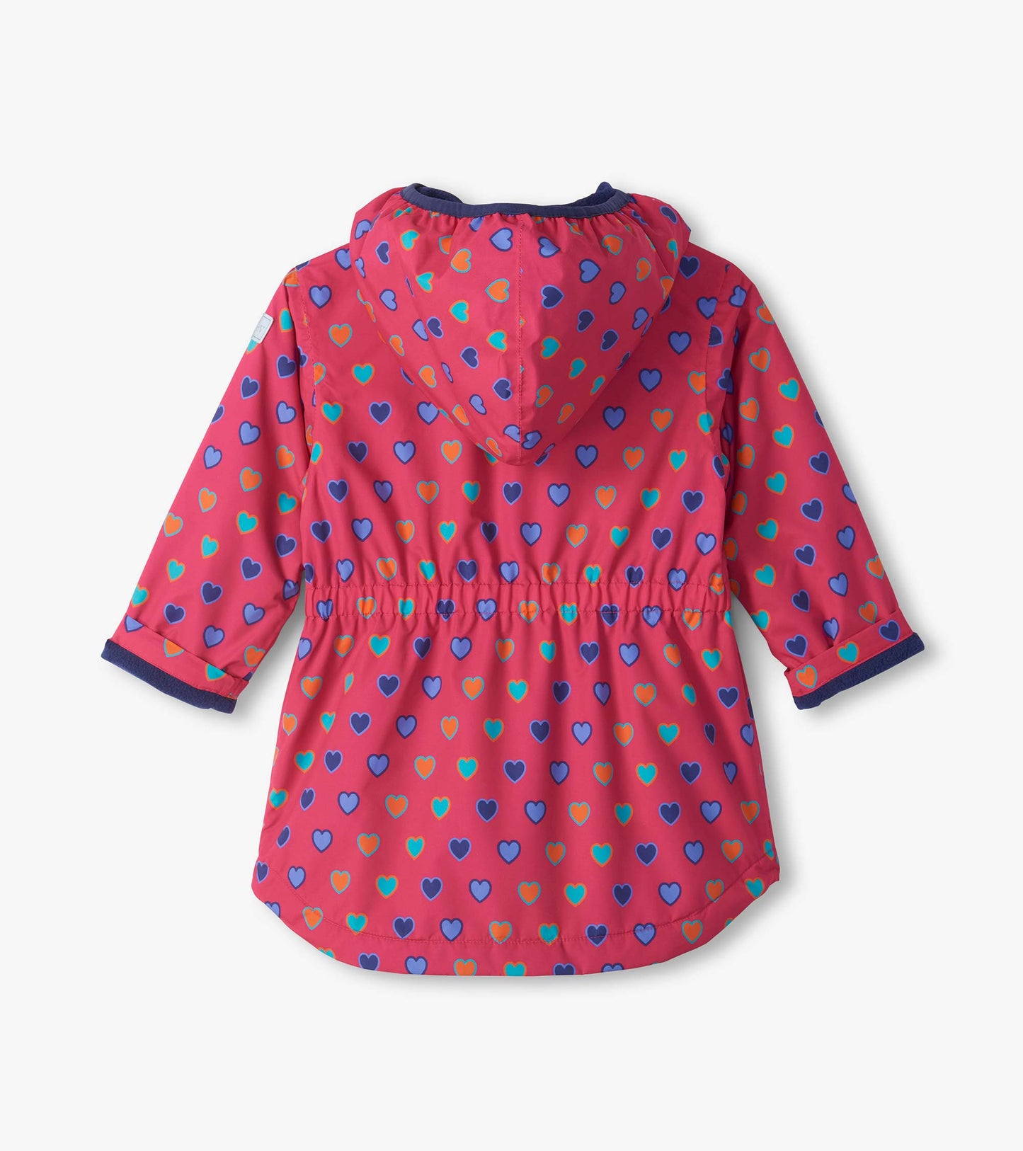 Back view of pink Heart Bunches field jacket with hood, elastic waist, and multicolor heart print