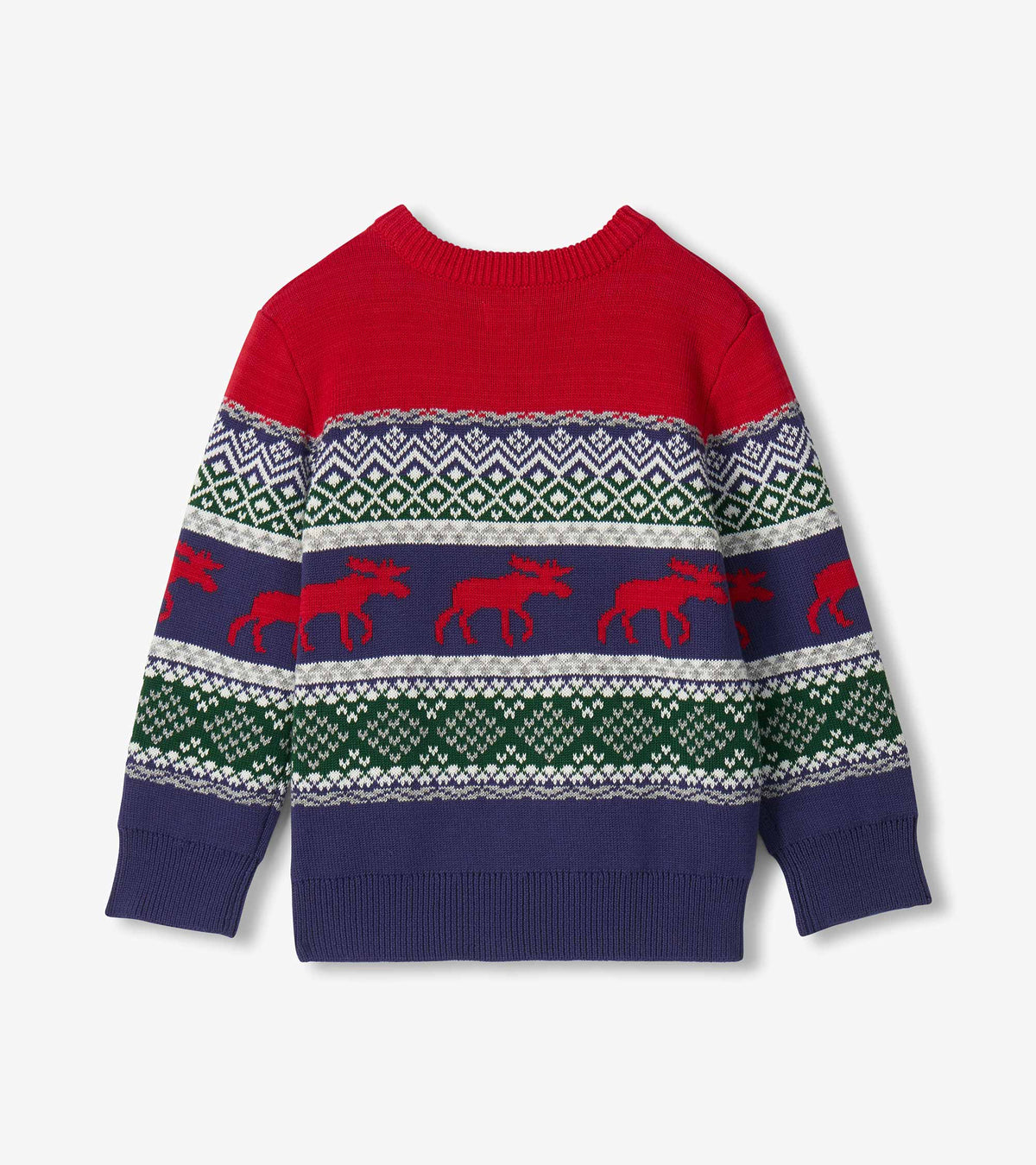 Back view of boys holiday sweater with red top, fair isle pattern, and red moose on navy stripes