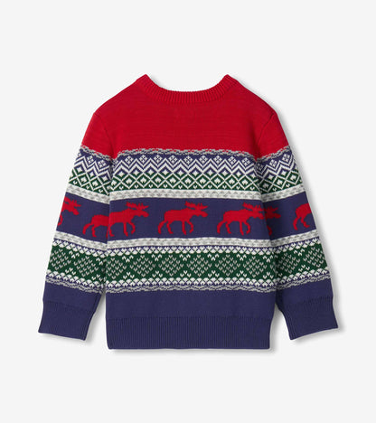 Back view of boys holiday sweater with red top, fair isle pattern, and red moose on navy stripes