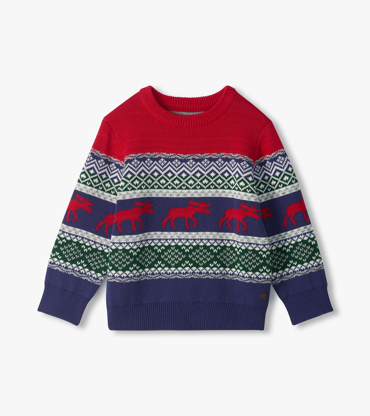 Front view of boys holiday crew neck sweater with red yoke, fair isle pattern, and red moose on navy stripes