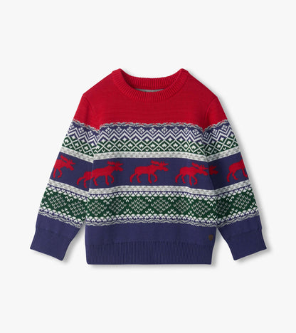 Front view of boys holiday crew neck sweater with red yoke, fair isle pattern, and red moose on navy stripes