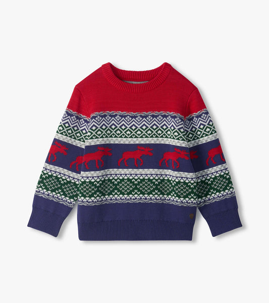 Front view of boys holiday crew neck sweater with red yoke, fair isle pattern, and red moose on navy stripes