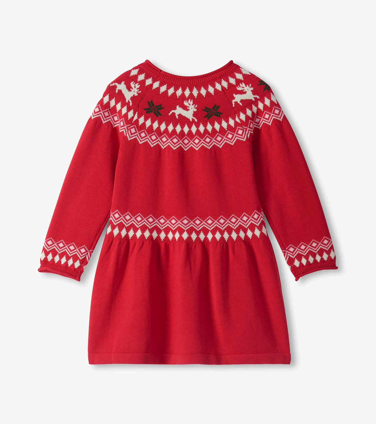 Back view of red sweater dress with white reindeer Fair Isle yoke, long sleeves, and gathered skirt