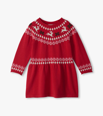 Front view of red sweater dress with white reindeer Fair Isle yoke, long sleeves, and gathered skirt