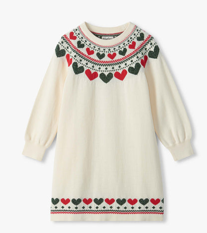Cream girls swing sweater dress with red and green heart yoke and hem, long sleeves, and ribbed crew neckline
