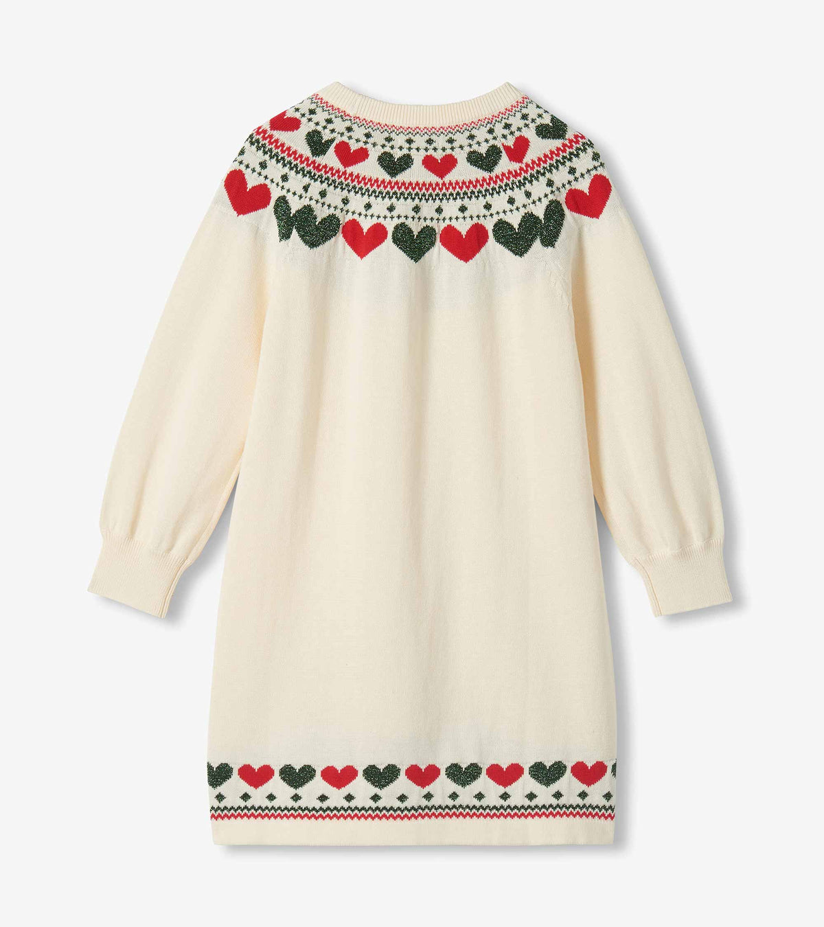 Back view of cream sweater dress with red and green heart yoke and hem, long sleeves, and ribbed cuffs