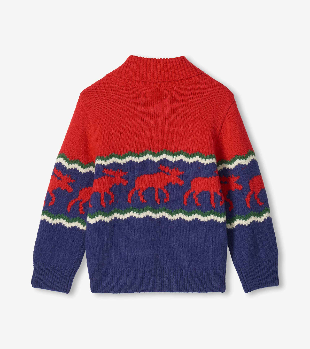 Back view of red and navy holiday sweater with moose band and striped fair isle pattern