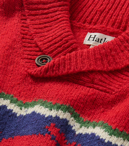 Close-up of red ribbed shawl collar with button closure and Hatley label on holiday moose sweater