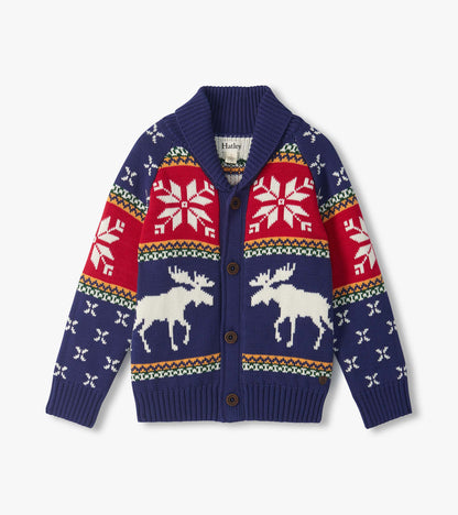 Front view of boys blue shawl collar cardigan with white moose, snowflakes, striped trim, and button closure