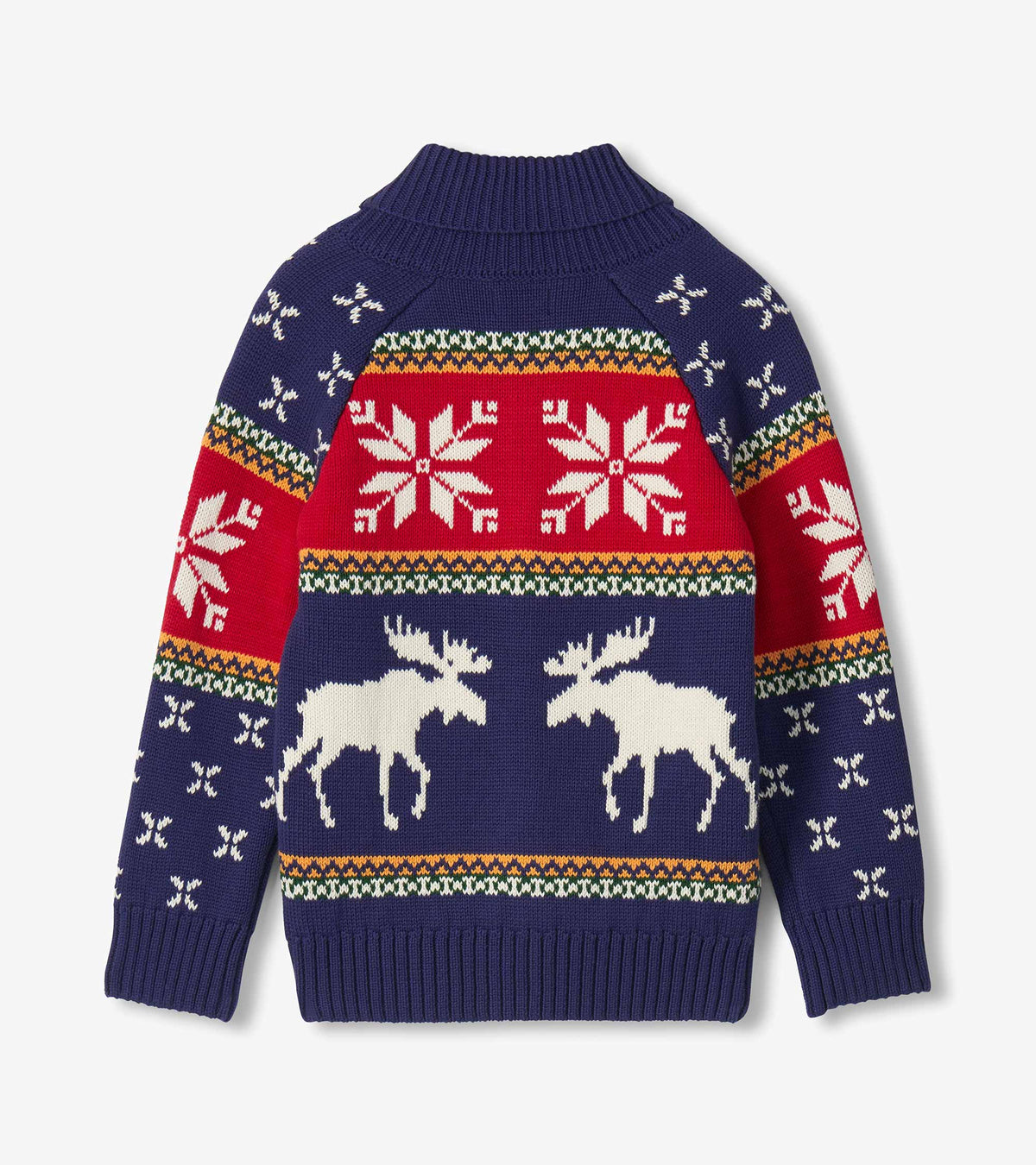 Back view of boys blue holiday cardigan with white moose, snowflakes, and red patterned yoke