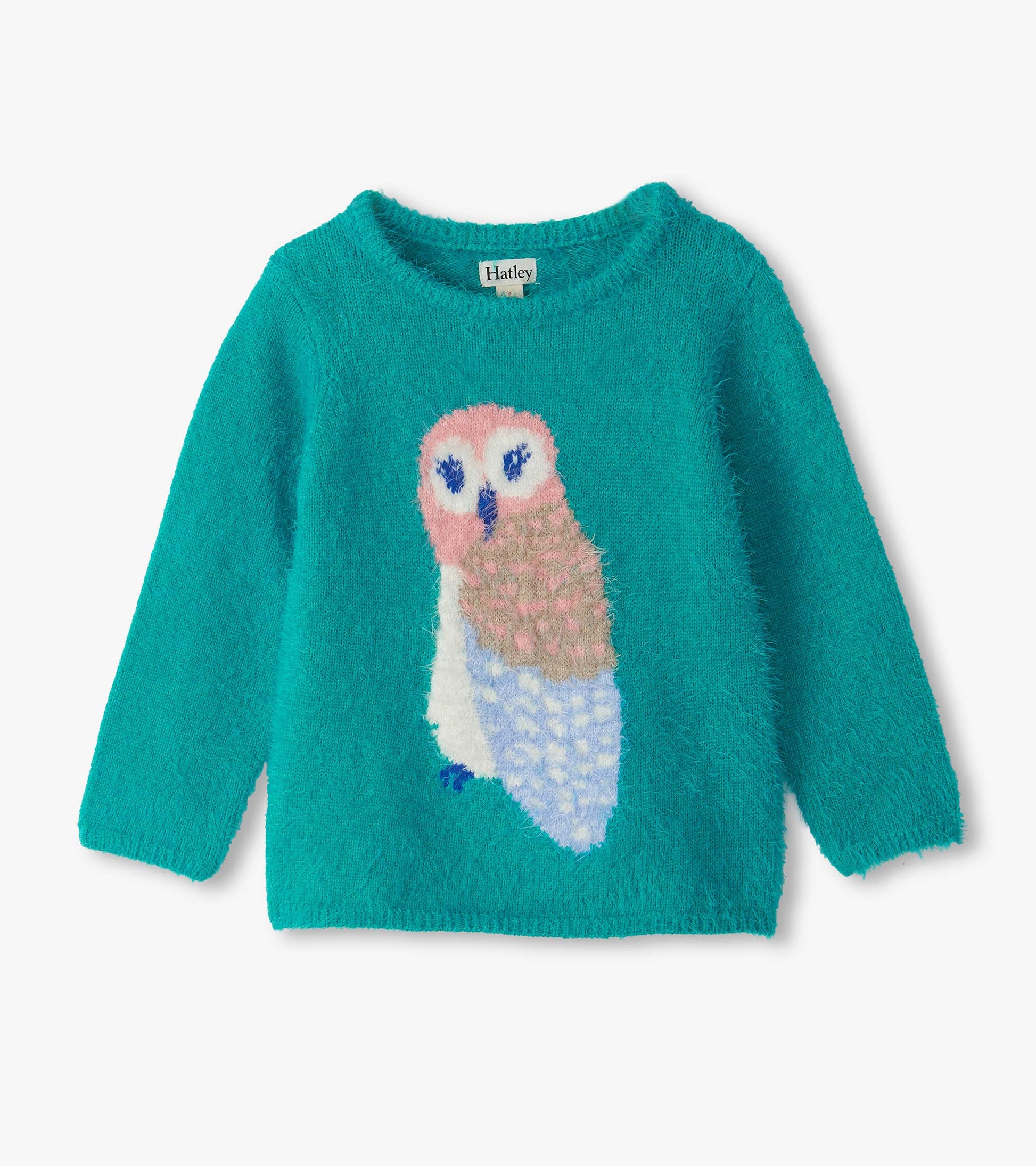 Teal fuzzy long-sleeve sweater with a large pink, white, tan, and blue owl on the front